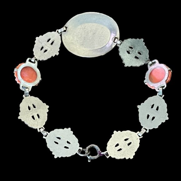 Art Deco Carved Glass Coral Color Link Bracelet 7.5” Sterling Finding - Picture 4 of 7